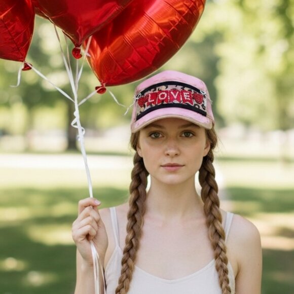 Valentine\'s Day Truckers Cap Hat Hand Decorated Pink Red Black White Gold [COPY]